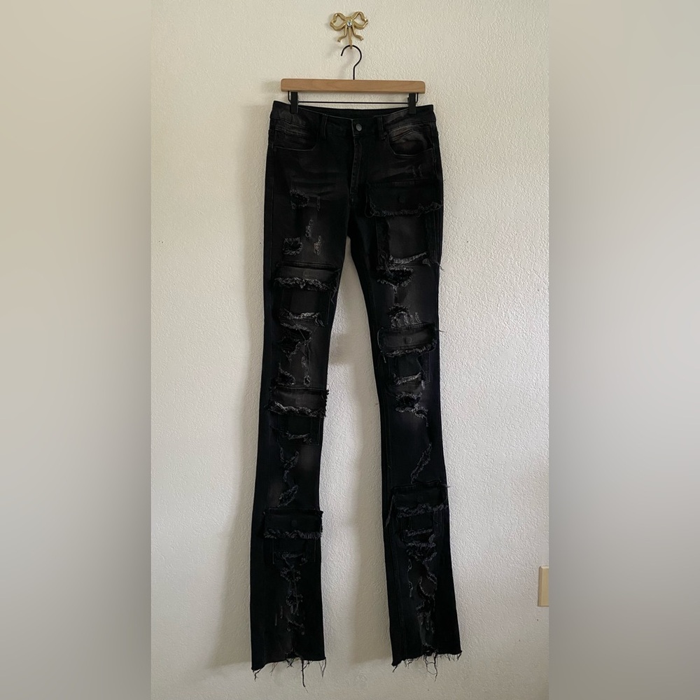 Rockstar Original Jet Black Men’s Size 32 Jeans Pooja Super Stacked Distressed